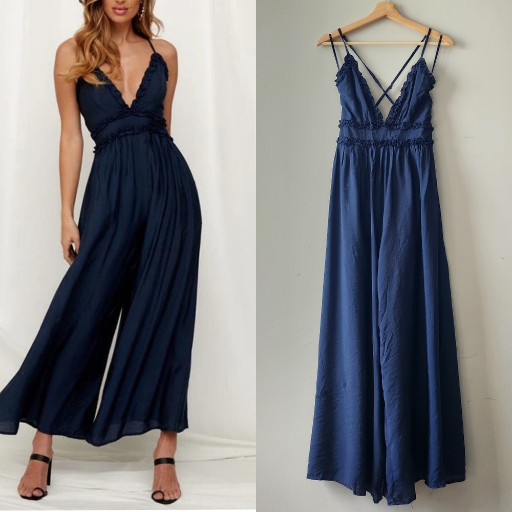 Angel Biba Navy Blue Wide Leg Ruffles V Neck Jumpsuit XS